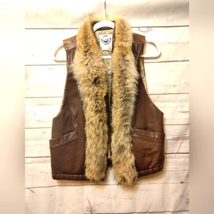 Vintage Char of Santa Fe Leather Vest with Real Fur! W 10. Excellent Shape!